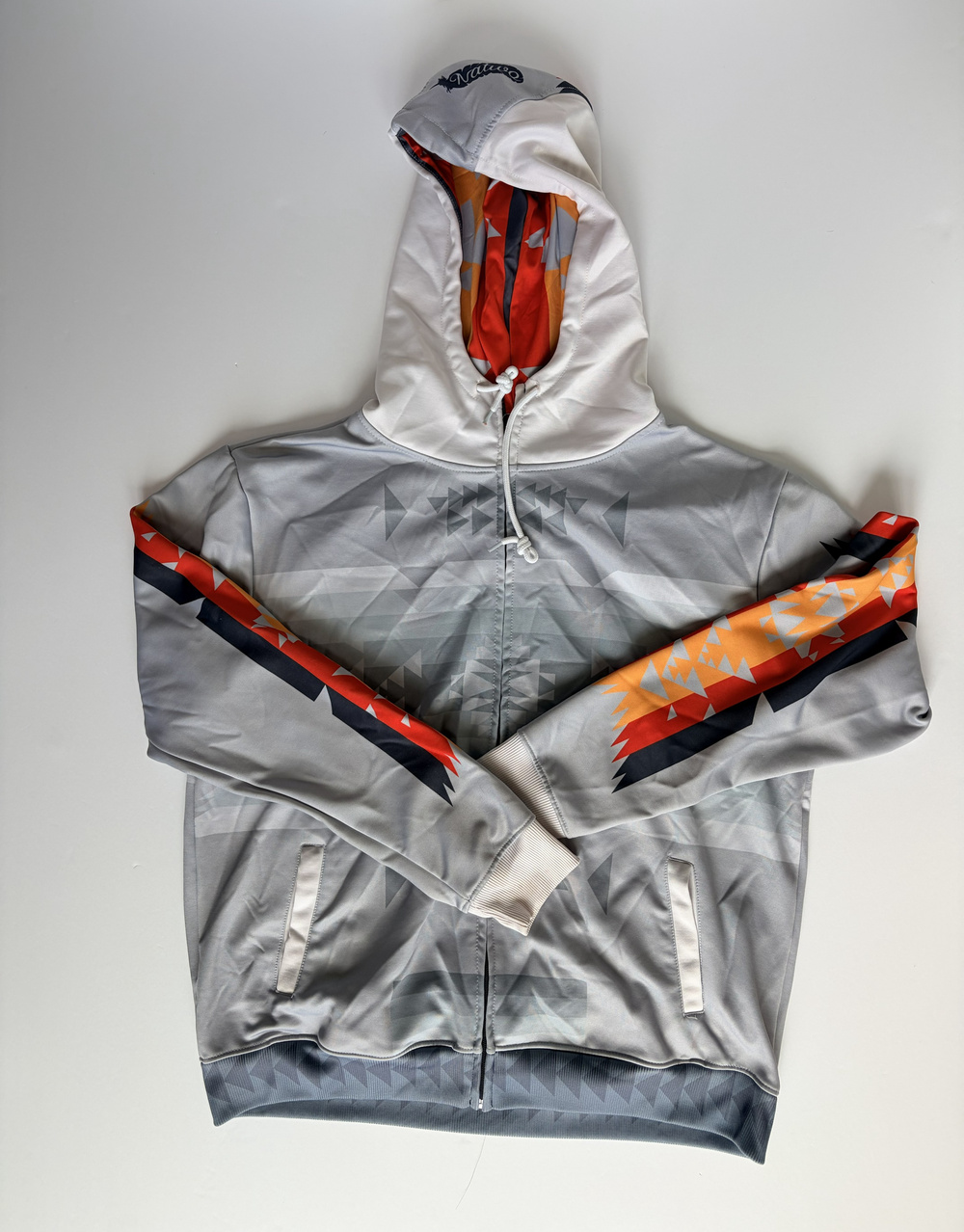 Native Hoodie Sweatshirt Gray Geometric Print Zip Front Size L